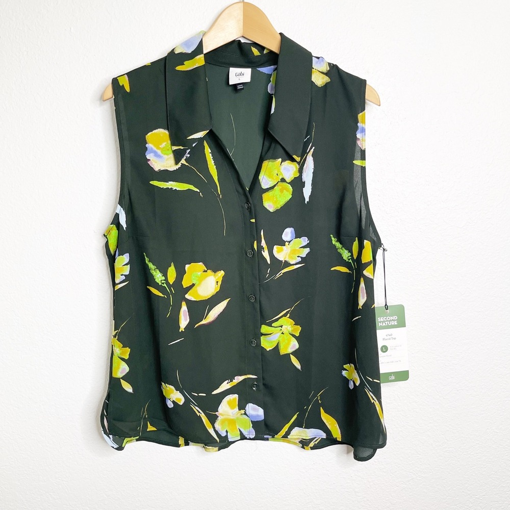 Cabi Placid Top 4740 Wallpaper Floral Sleeveless Button Down Blouse Green Large